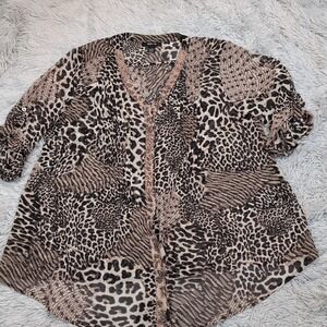 Style & Co. Shirt Womens L Brown Animal Print Blouse Sheer Top V Neck Roll Tab